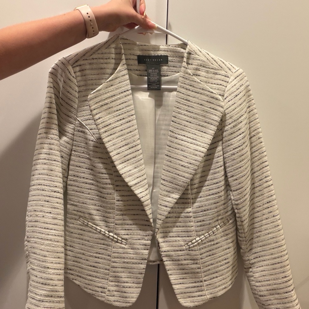 Suzy Shier Cream Striped Textured Blazer